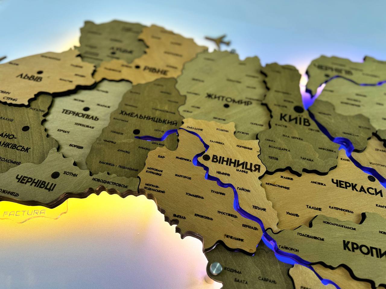 Detailed multilayer Ukraine LED map with backlighting of rivers color Light Tree