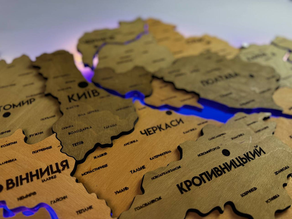 Detailed multilayer Ukraine LED map with backlighting of rivers color Light Tree