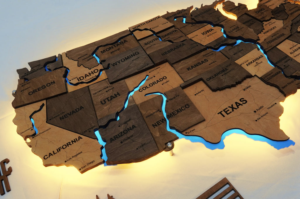 Wooden USA Map With LED – With Rivers, color Elis