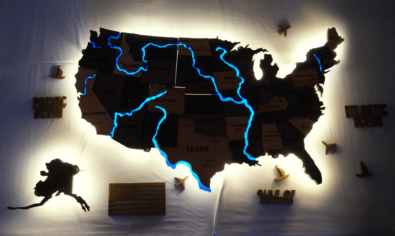 Wooden USA Map With LED – With Rivers, color Brut