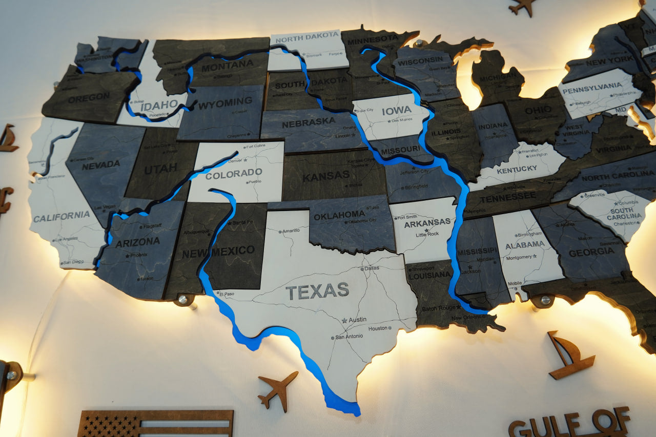 Wooden USA Map With LED – With Rivers, color Loft