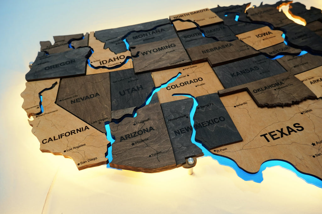 Wooden USA Map With LED – With Rivers, color Brut