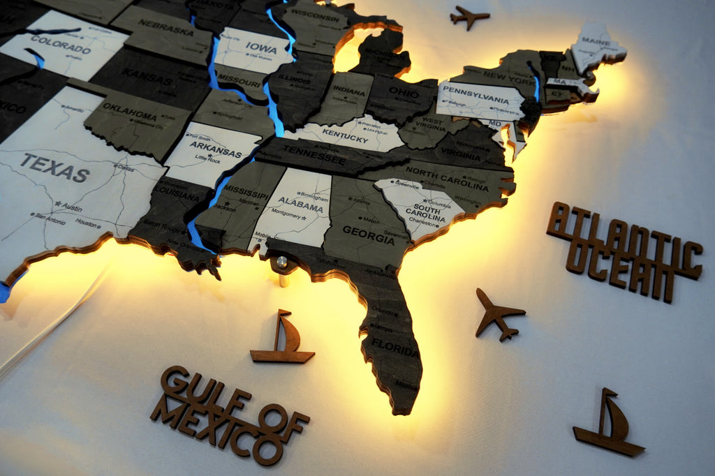Wooden USA Map With LED – With Rivers, color Black&White