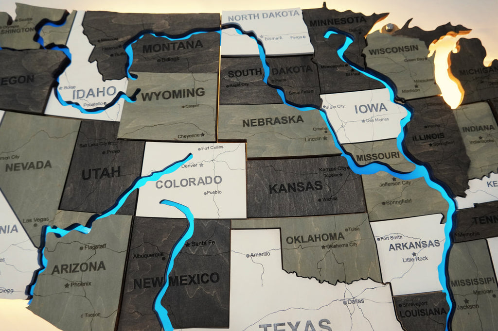 Wooden USA Map With LED – With Rivers, color Black&White