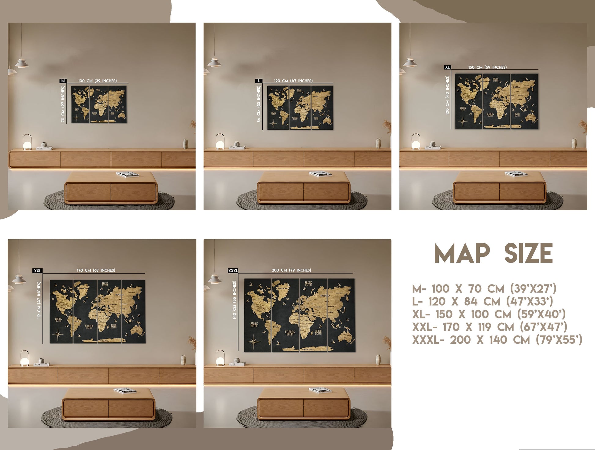 Wooden World Map Panel 4 for Wall with LED Lighting