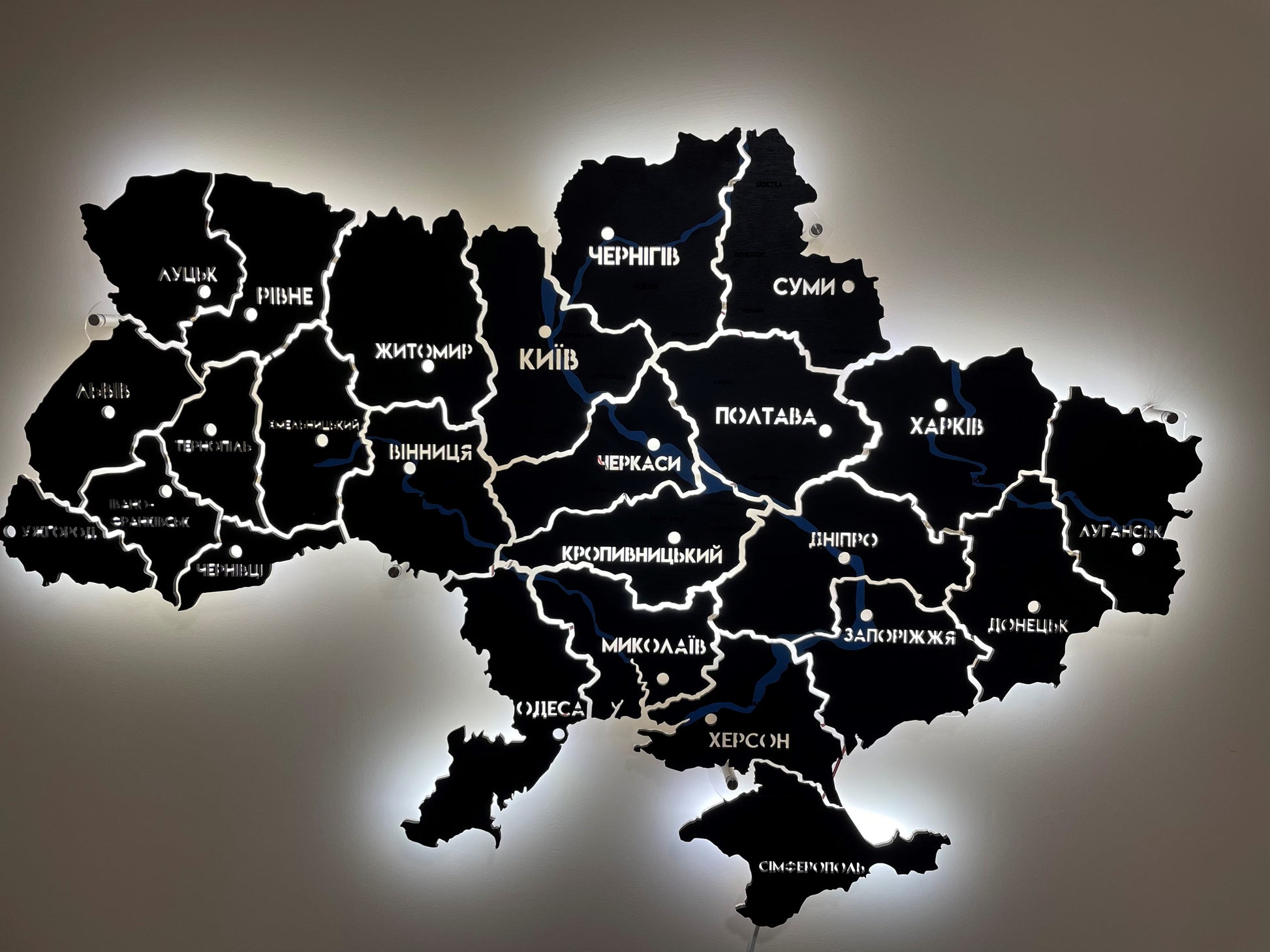 Ukraine LED map on acrylic glass with rivers and backlighting  between regions color Black