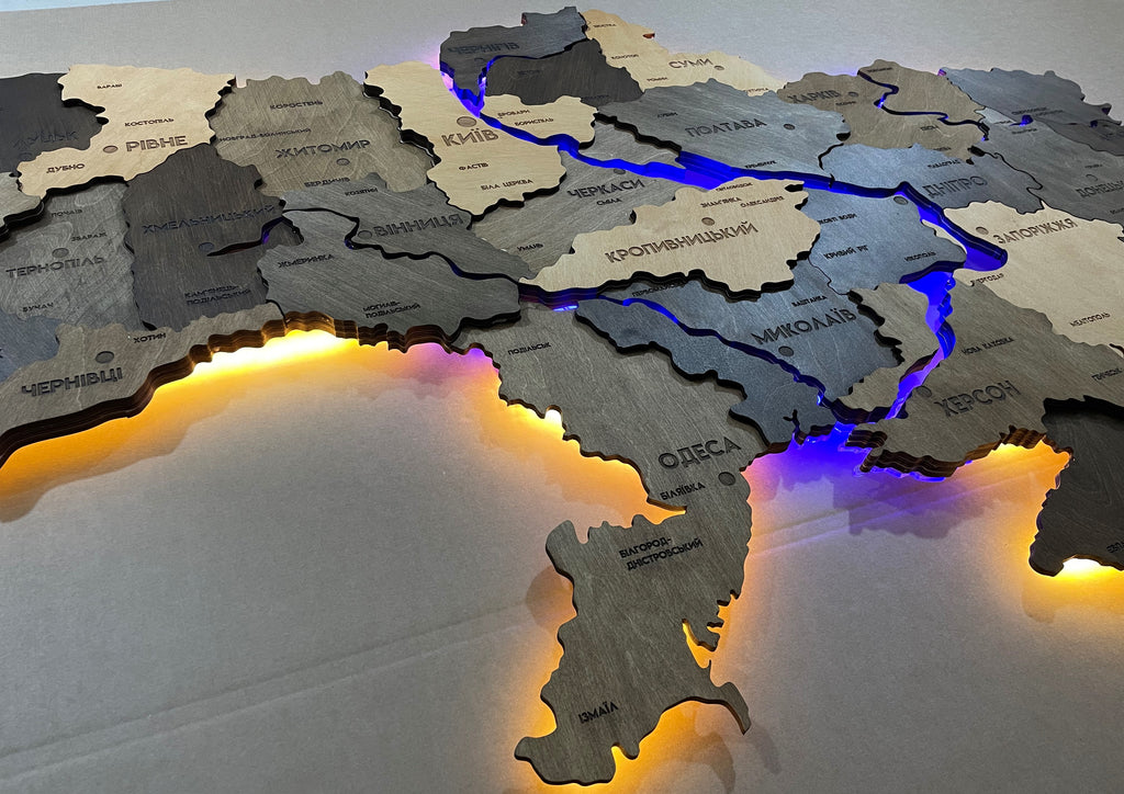 Multilayer Ukraine LED map with backlighting of rivers color Elis
