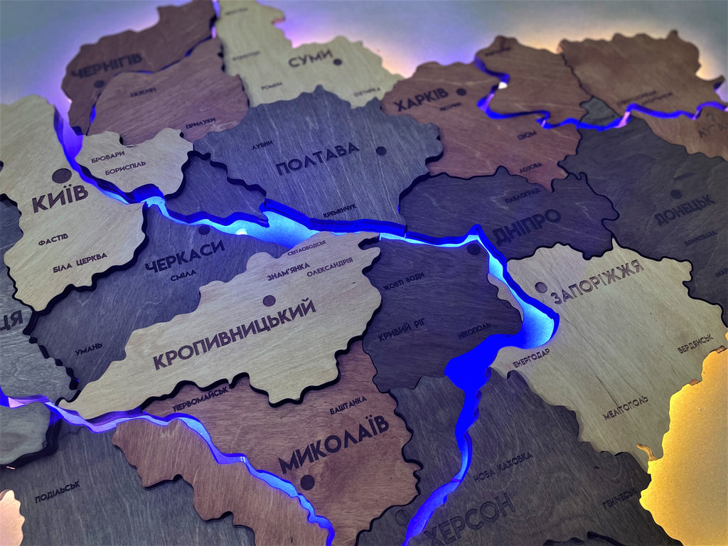 Multilayer Ukraine LED map with backlighting of rivers color Warm