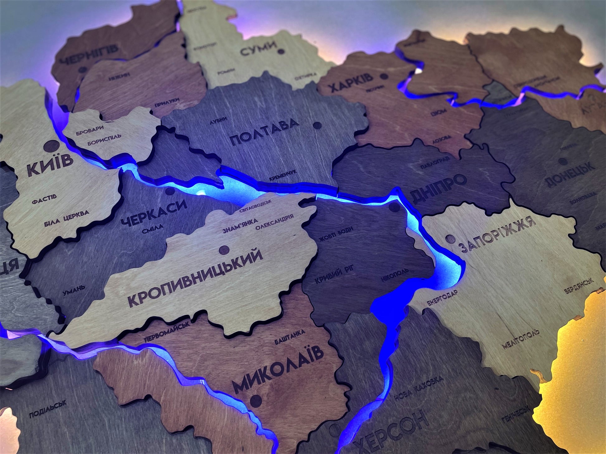 Multilayer Ukraine LED map with backlighting of rivers color Warm
