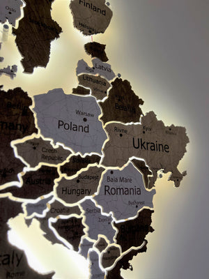 Europe LED map on acrylic glass with backlighting between countries color Terra
