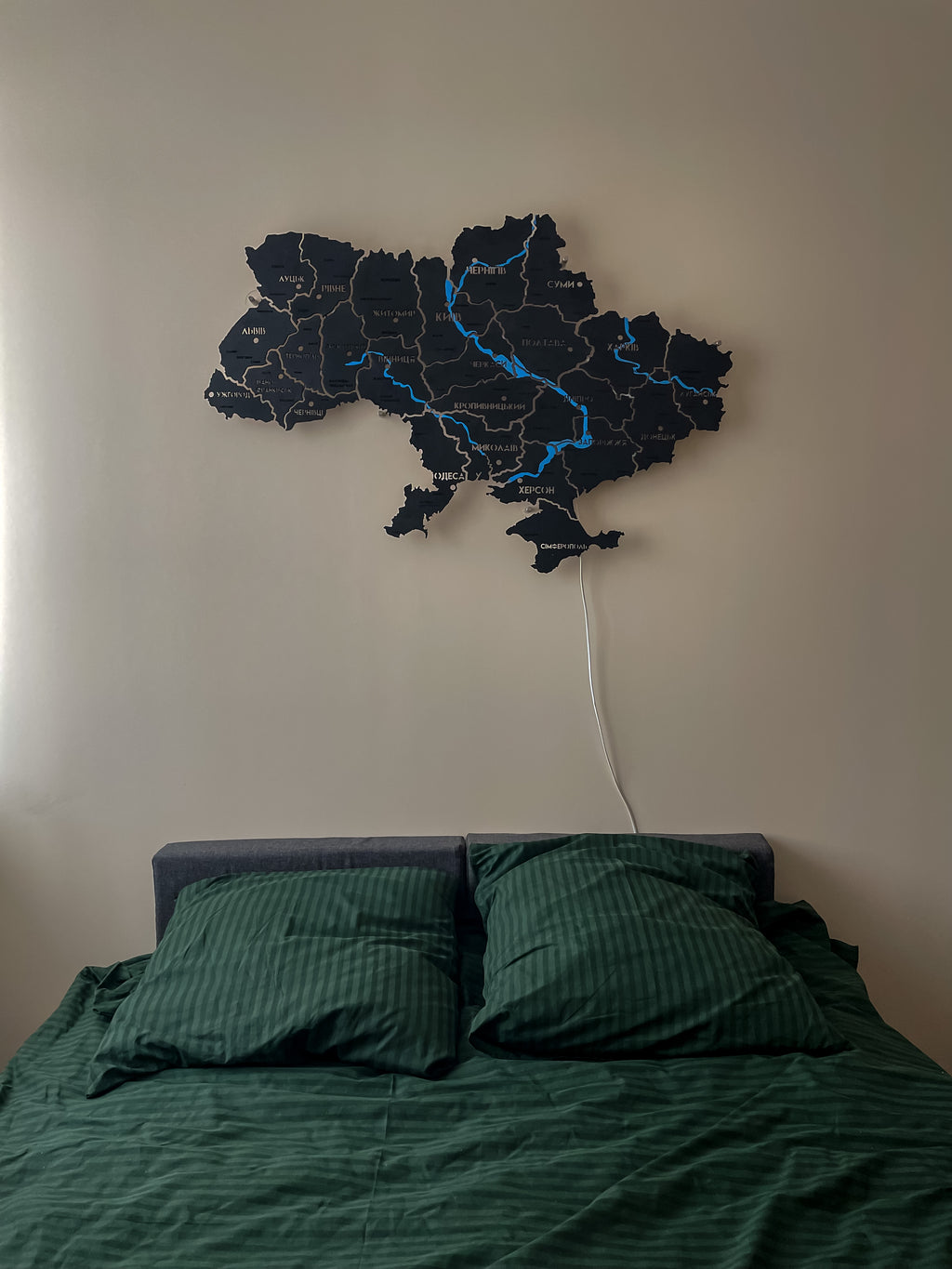 Ukraine LED map on acrylic glass with rivers and backlighting  between regions color Black