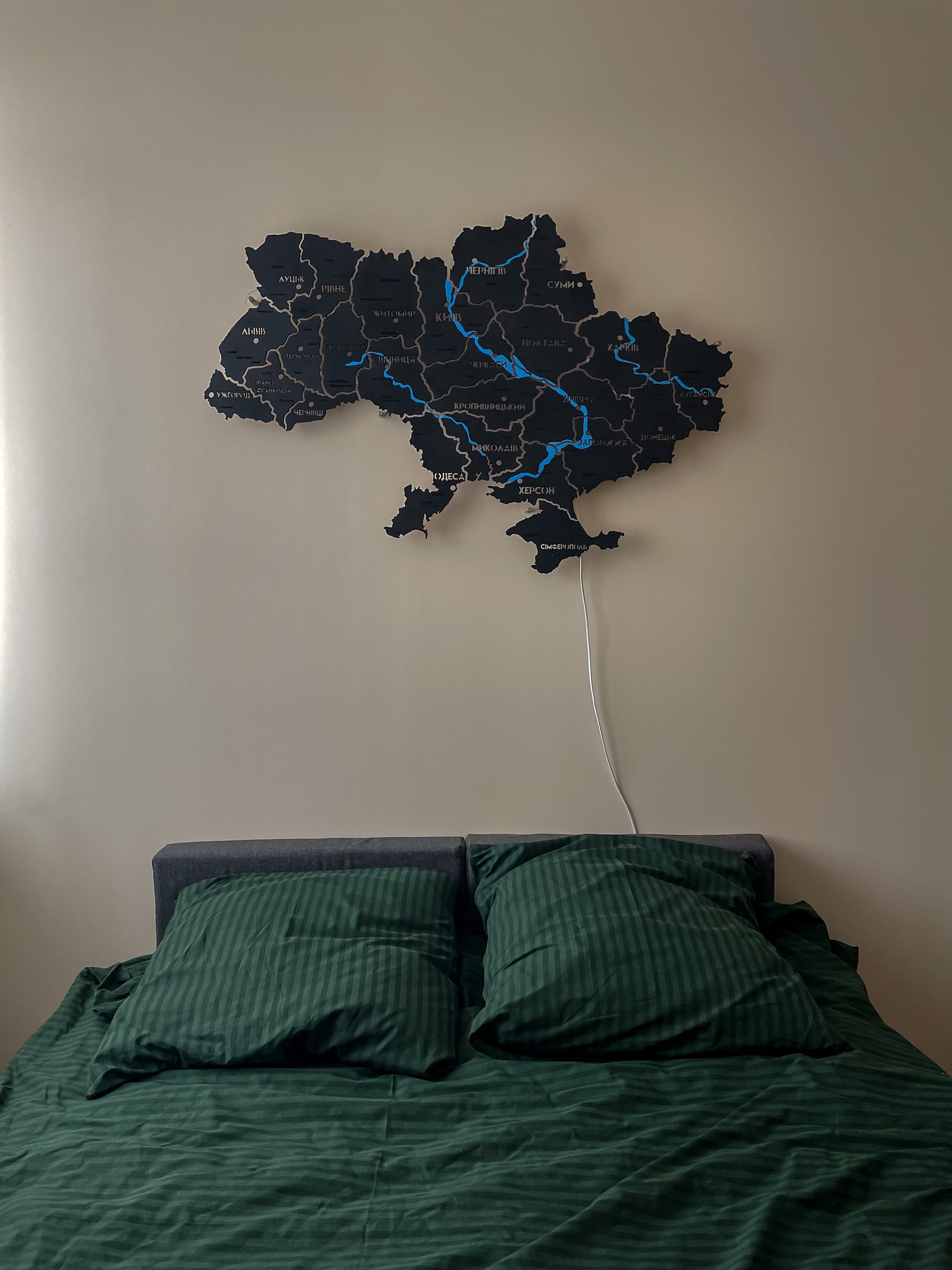 Ukraine LED map on acrylic glass with rivers and backlighting  between regions color Black