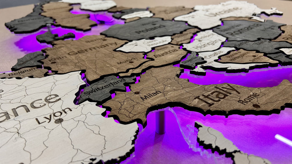 Europe LED RGB map on acrylic glass with backlighting between countries color Wander