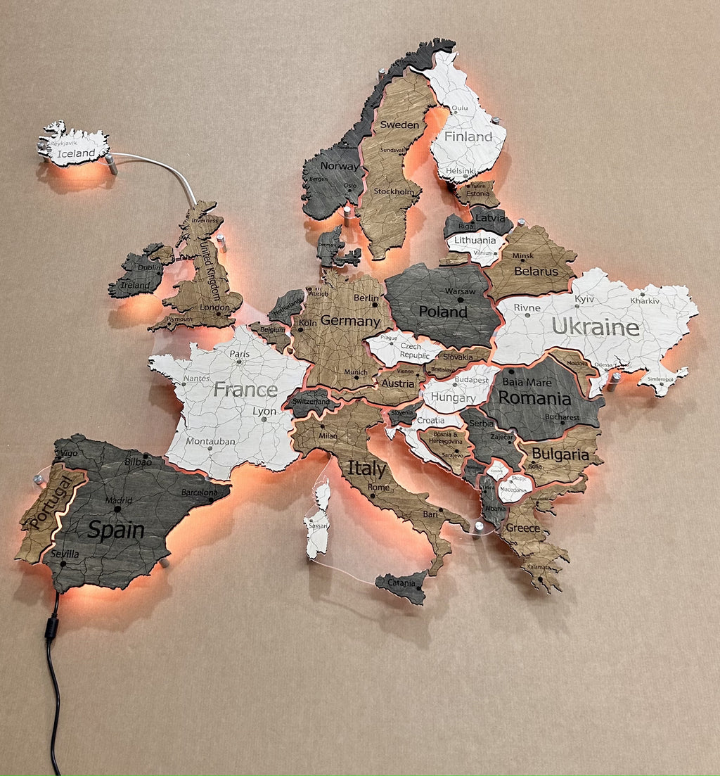 Europe LED RGB map on acrylic glass with backlighting between countries color Wander