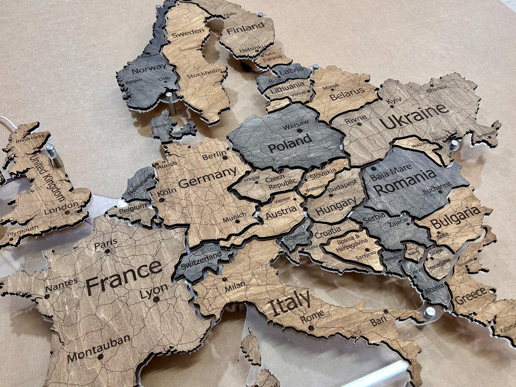 Europe LED map on acrylic glass with backlighting between countries color Dark Tree