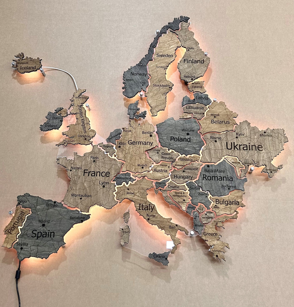 Europe LED map on acrylic glass with backlighting between countries color Dark Tree