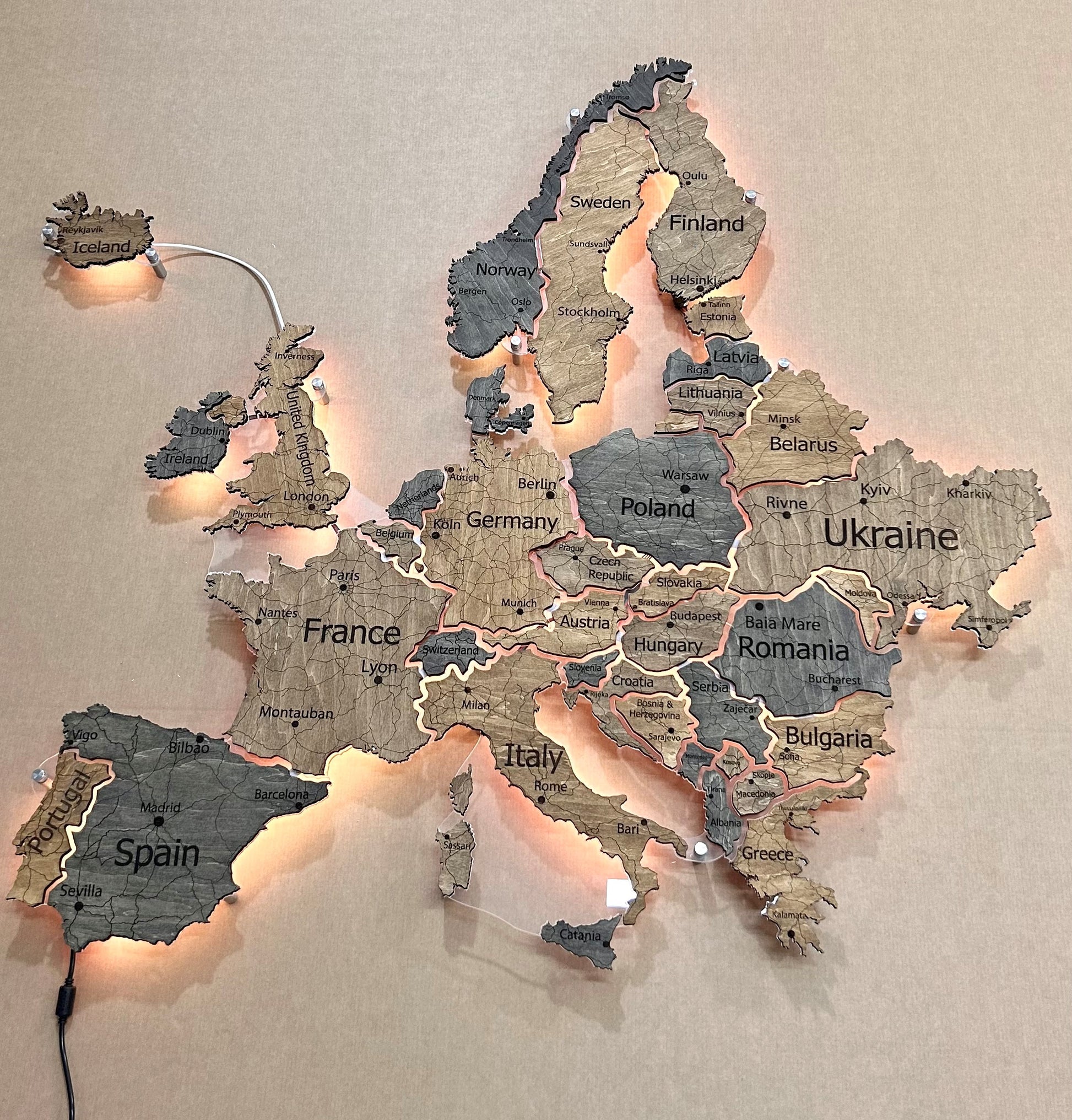 Europe LED map on acrylic glass with backlighting between countries color Dark Tree