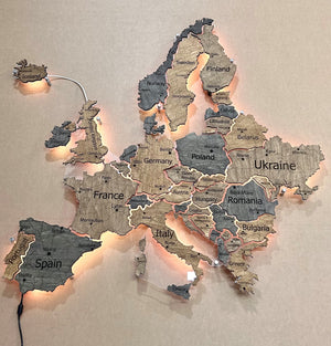 Europe LED map on acrylic glass with backlighting between countries color Dark Tree