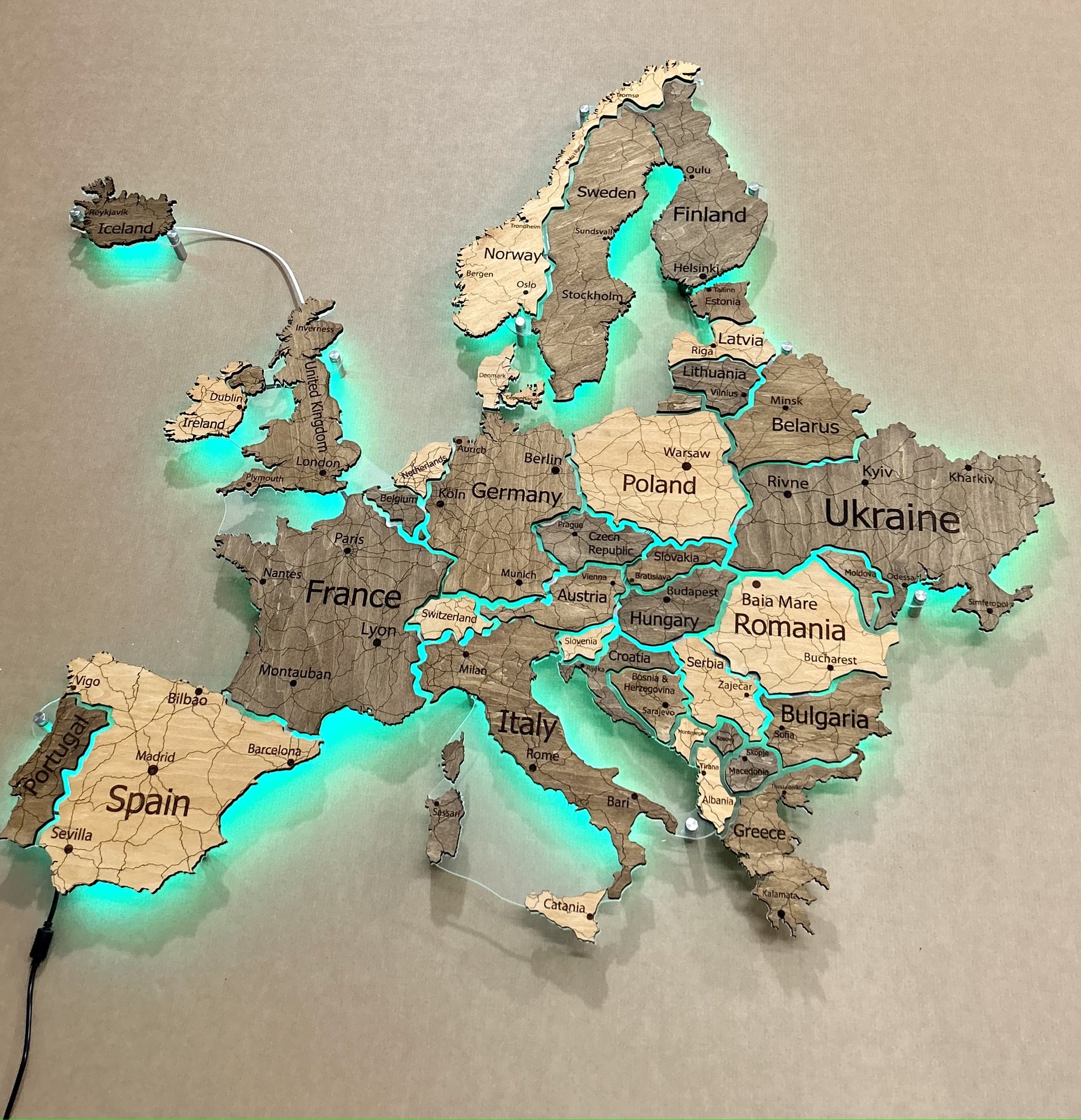 Europe LED RGB map on acrylic glass with backlighting between countries color Nobel