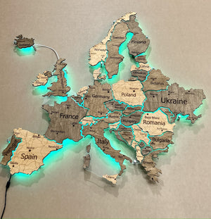 Europe LED RGB map on acrylic glass with backlighting between countries color Nobel