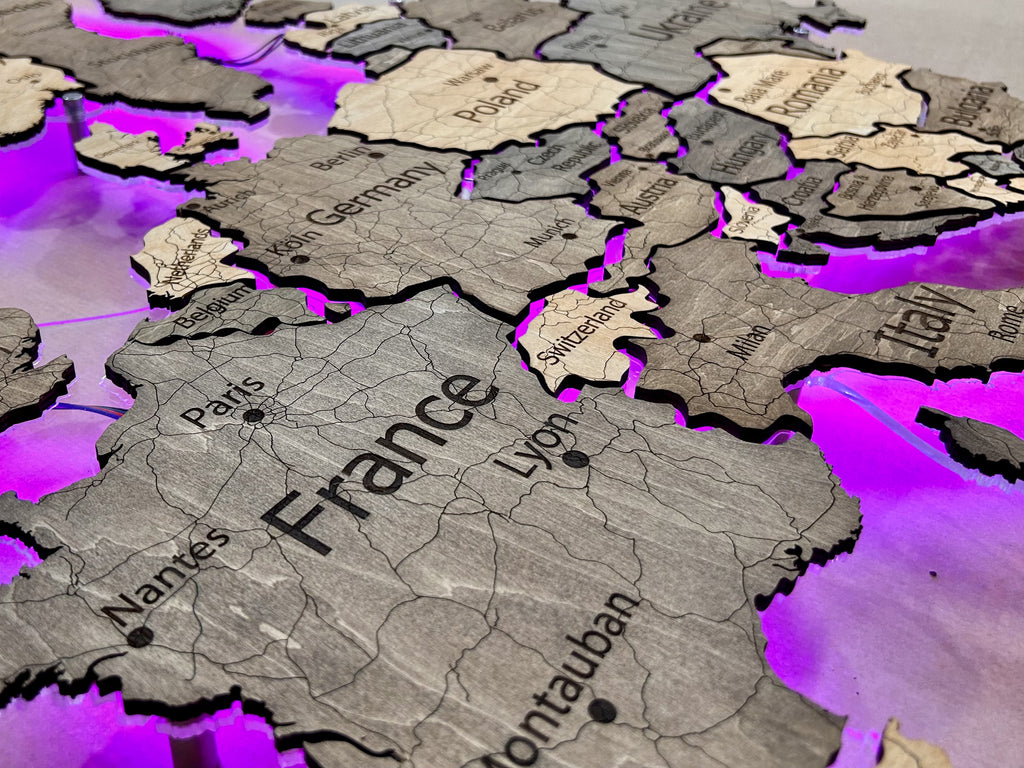 Europe LED RGB map on acrylic glass with backlighting between countries color Nobel