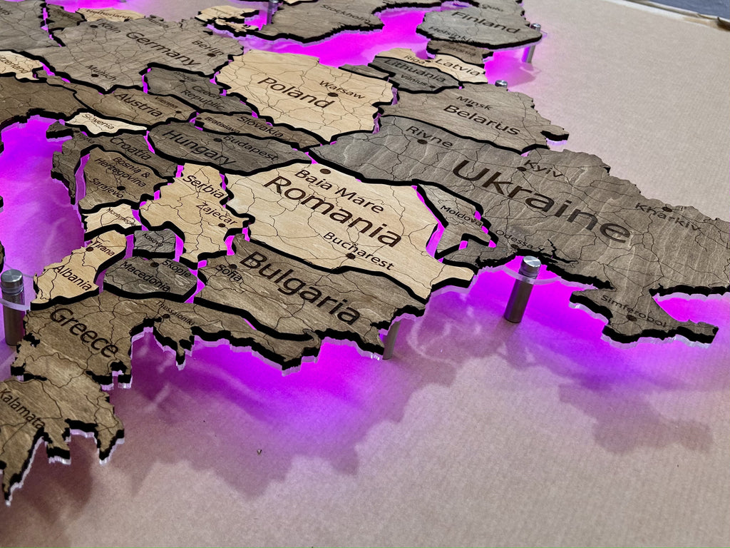 Europe LED RGB map on acrylic glass with backlighting between countries color Nobel