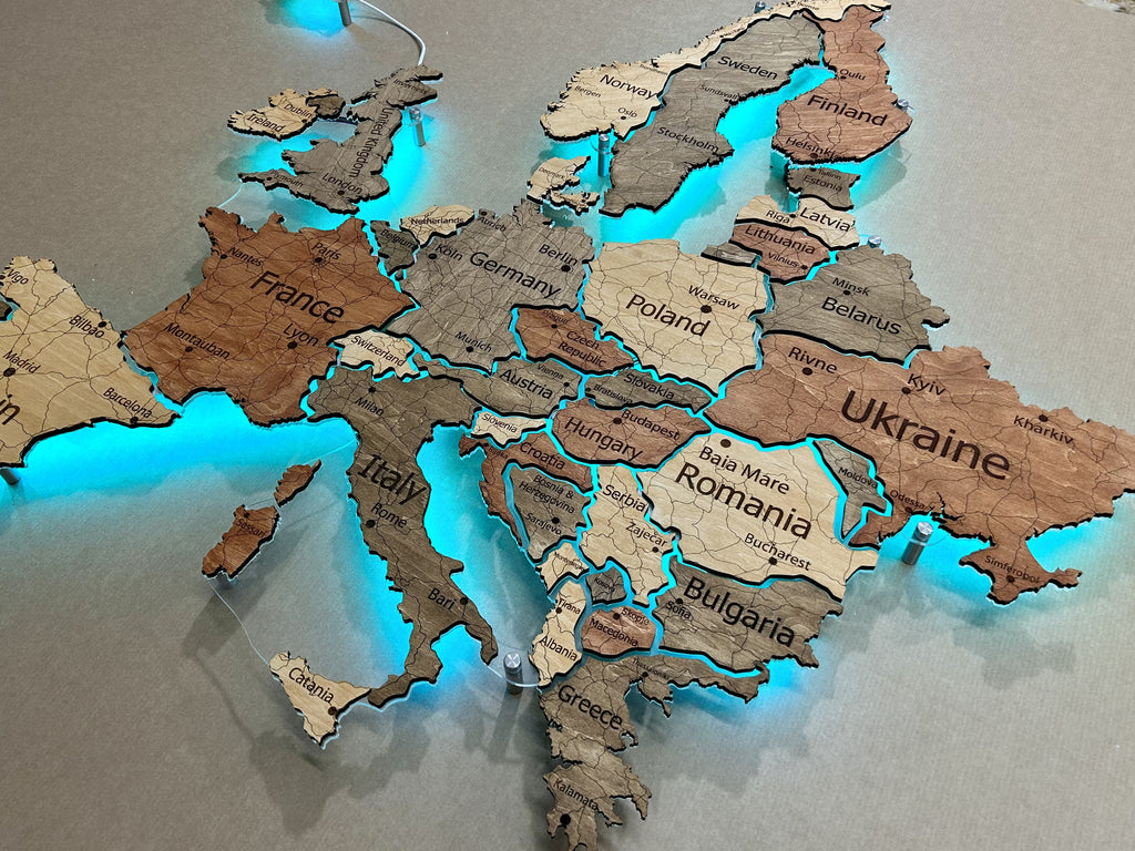 Europe LED RGB map on acrylic glass with backlighting between countries color Warm