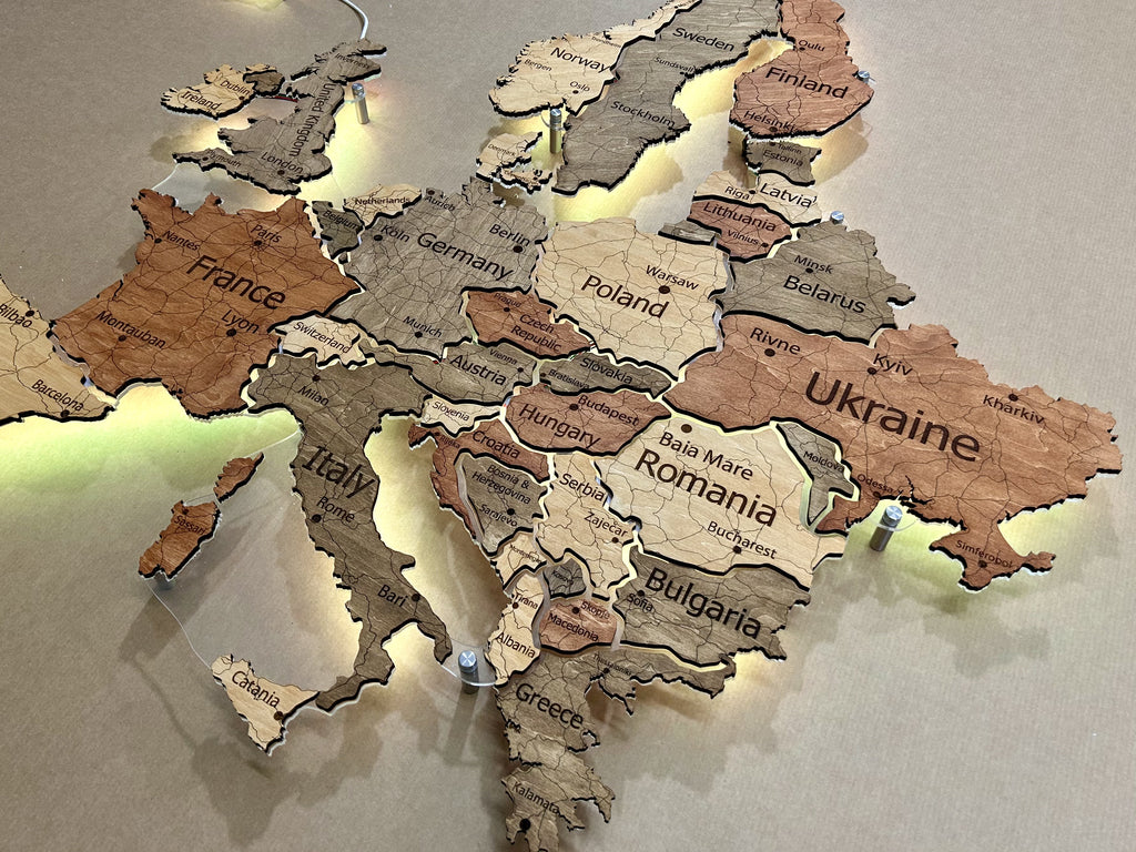Europe LED RGB map on acrylic glass with backlighting between countries color Warm