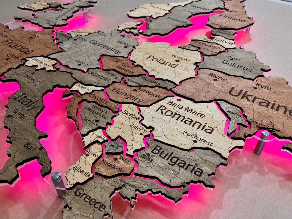 Europe LED RGB map on acrylic glass with backlighting between countries color Warm