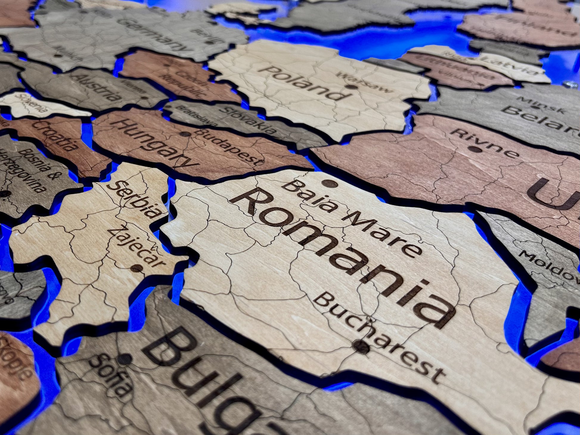 Europe LED RGB map on acrylic glass with backlighting between countries color Warm