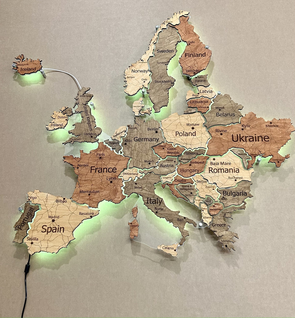 Europe LED RGB map on acrylic glass with backlighting between countries color Warm