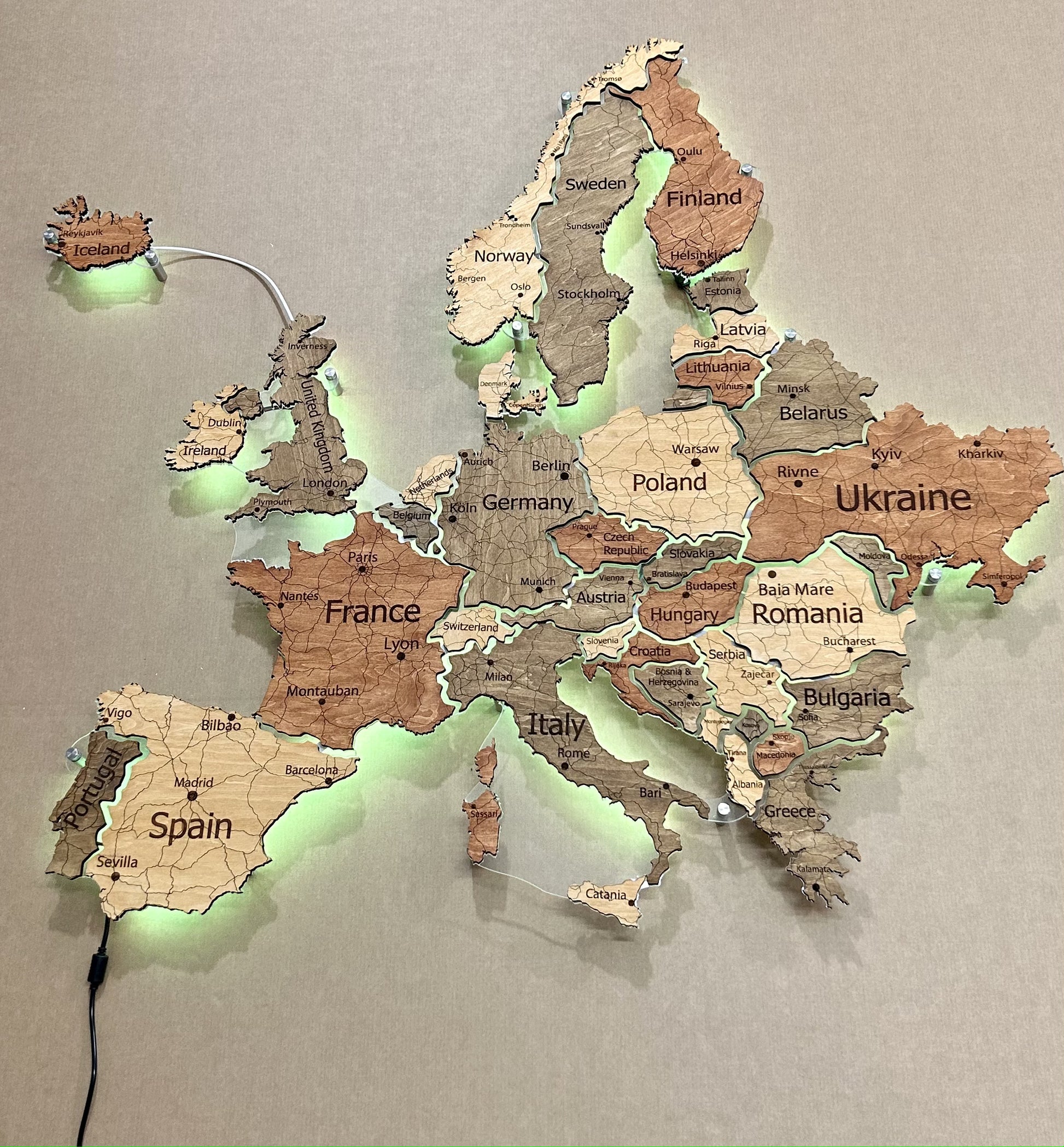 Europe LED RGB map on acrylic glass with backlighting between countries color Warm