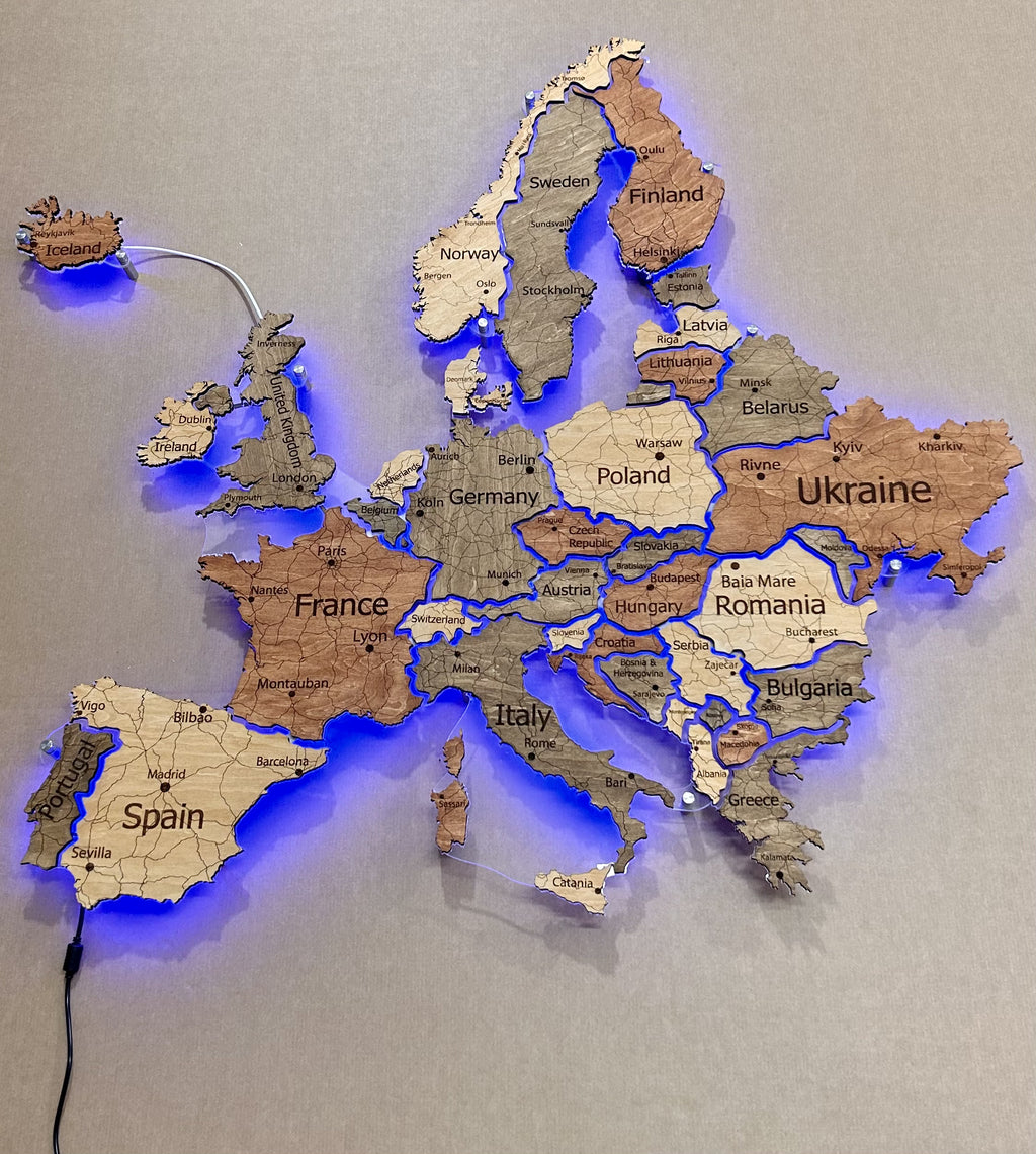 Europe LED RGB map on acrylic glass with backlighting between countries color Warm