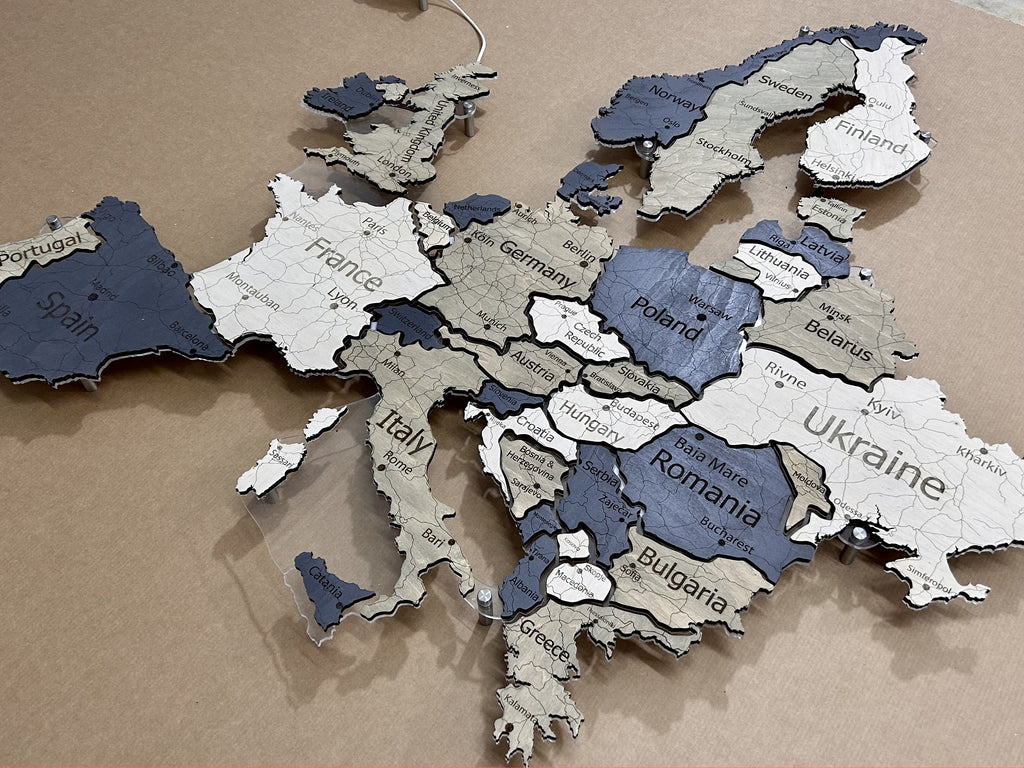 Europe LED map on acrylic glass with backlighting between countries color Deep