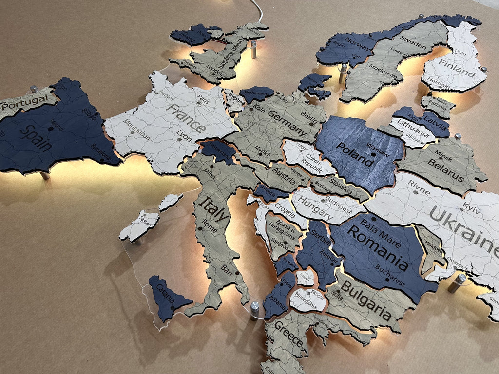 Europe LED map on acrylic glass with backlighting between countries color Deep