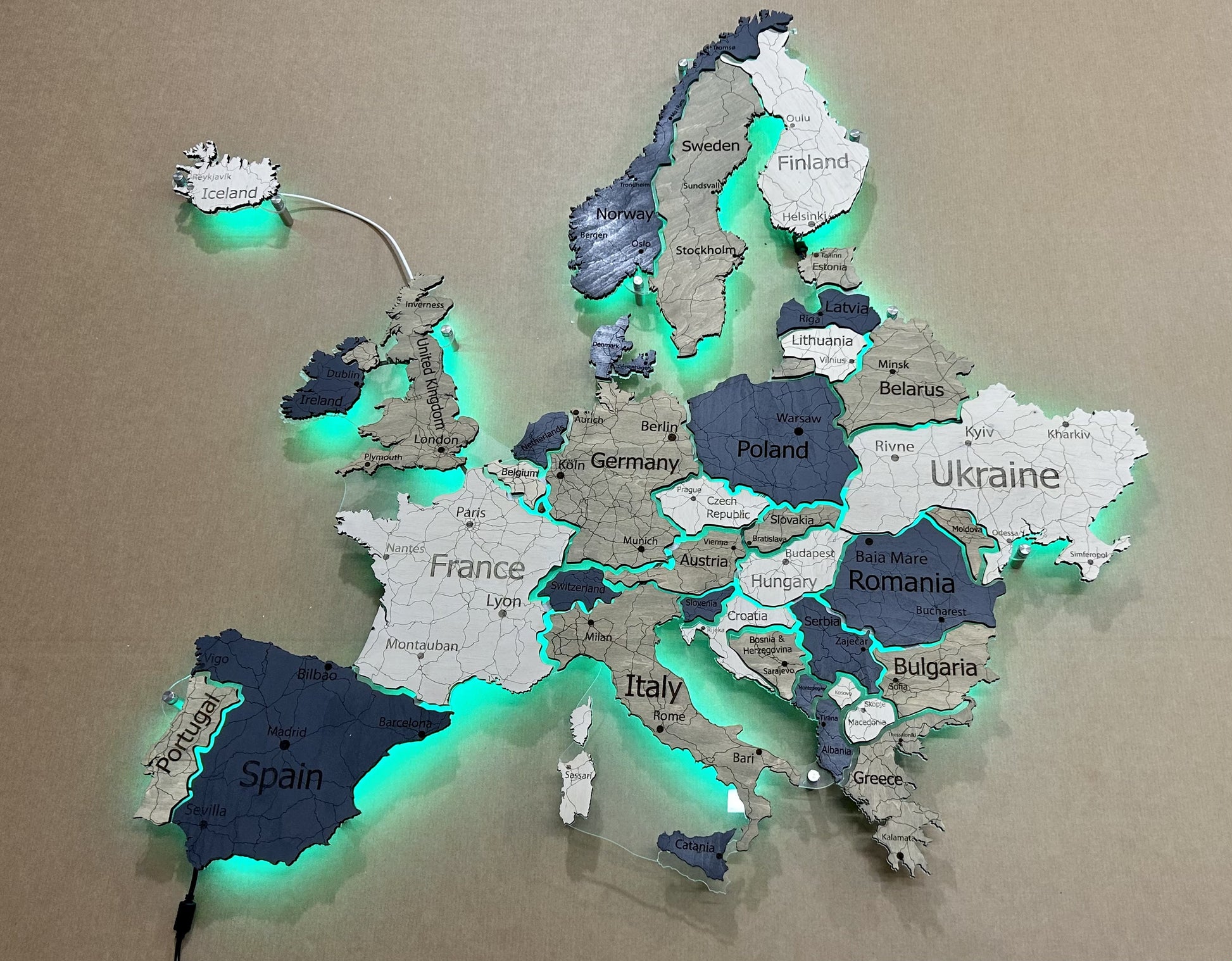 Europe LED RGB map on acrylic glass with backlighting between countries color Deep