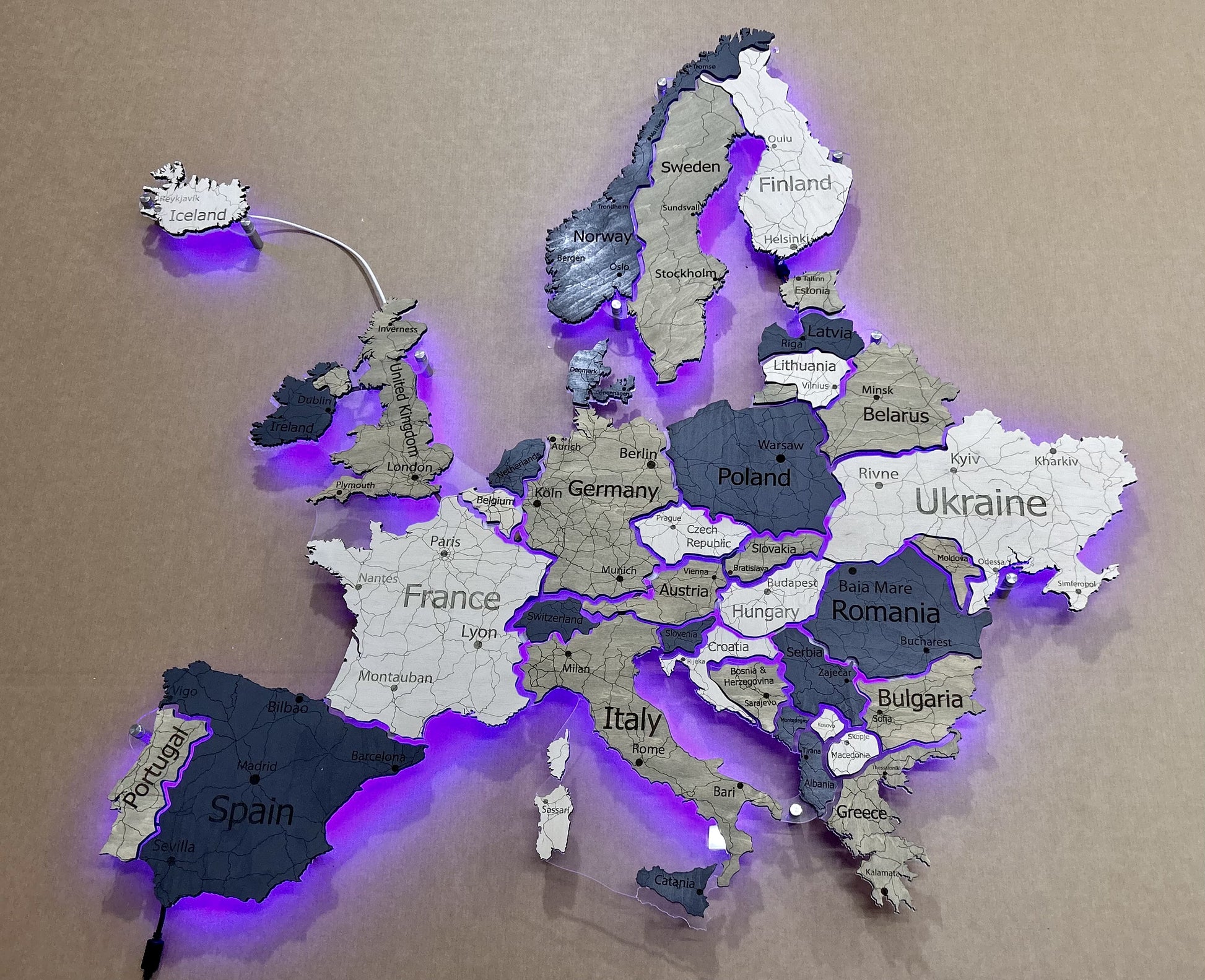 Europe LED RGB map on acrylic glass with backlighting between countries color Deep