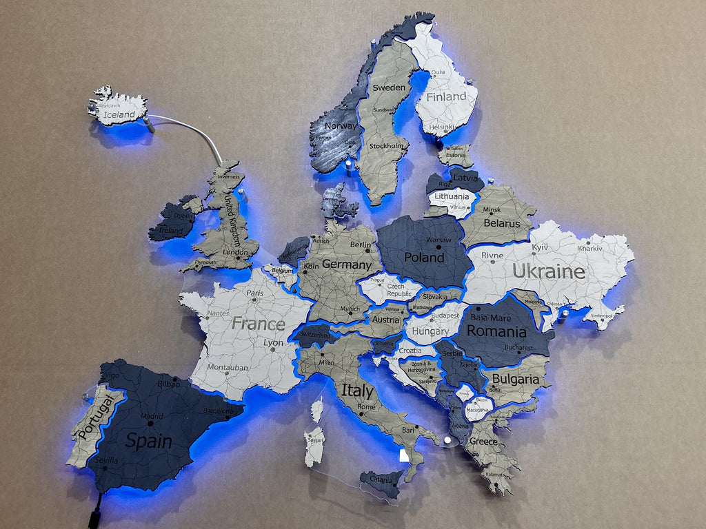 Europe LED RGB map on acrylic glass with backlighting between countries color Deep
