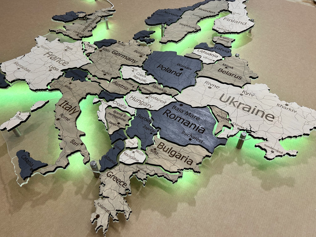 Europe LED RGB map on acrylic glass with backlighting between countries color Deep