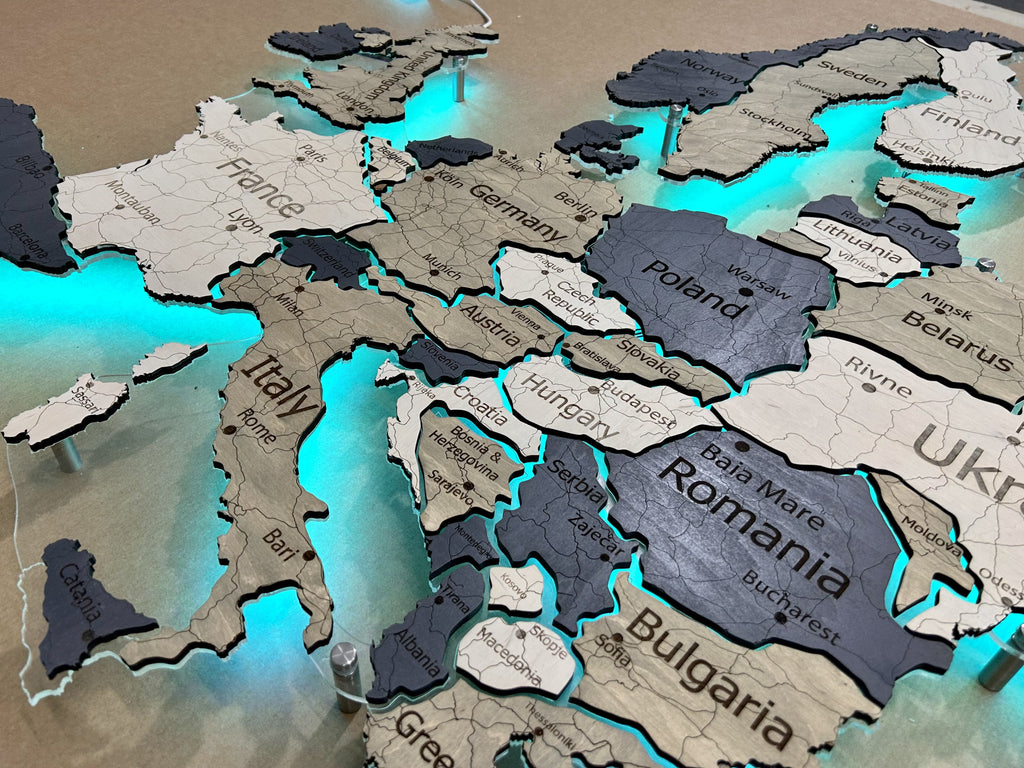 Europe LED RGB map on acrylic glass with backlighting between countries color Deep