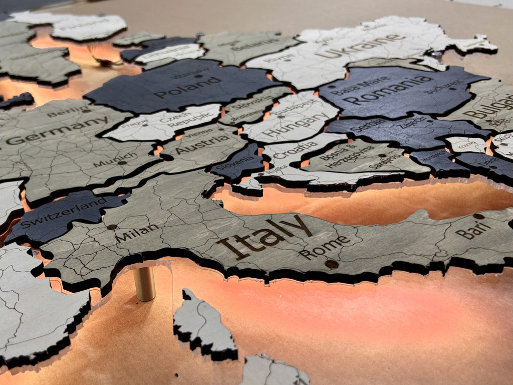 Europe LED RGB map on acrylic glass with backlighting between countries color Deep