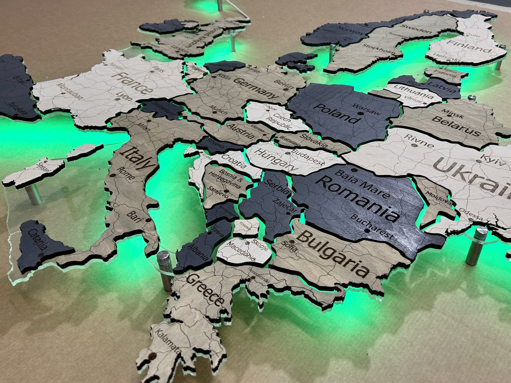 Europe LED RGB map on acrylic glass with backlighting between countries color Deep