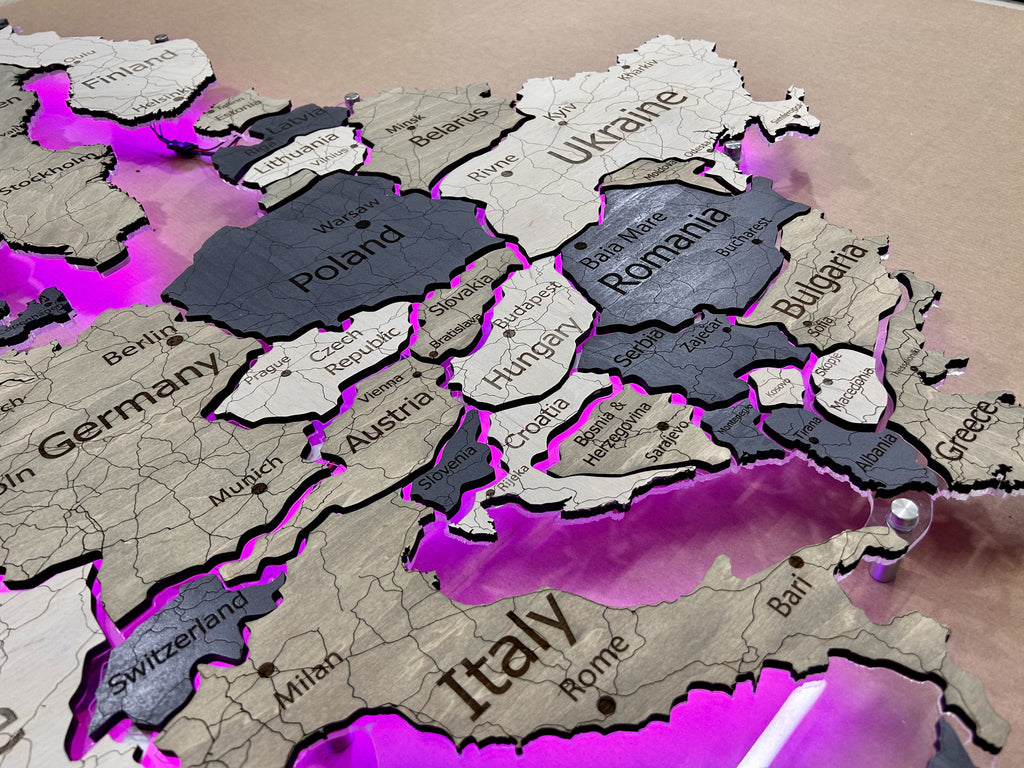 Europe LED RGB map on acrylic glass with backlighting between countries color Deep