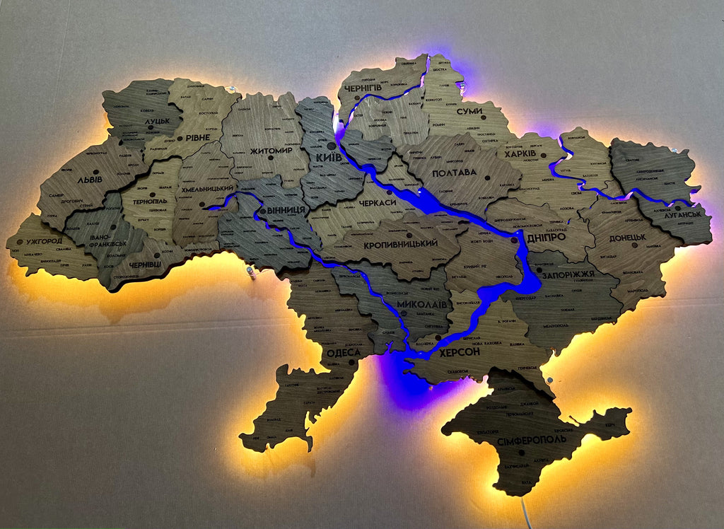Multilayer Ukraine LED map with backlighting of rivers color Helsinki
