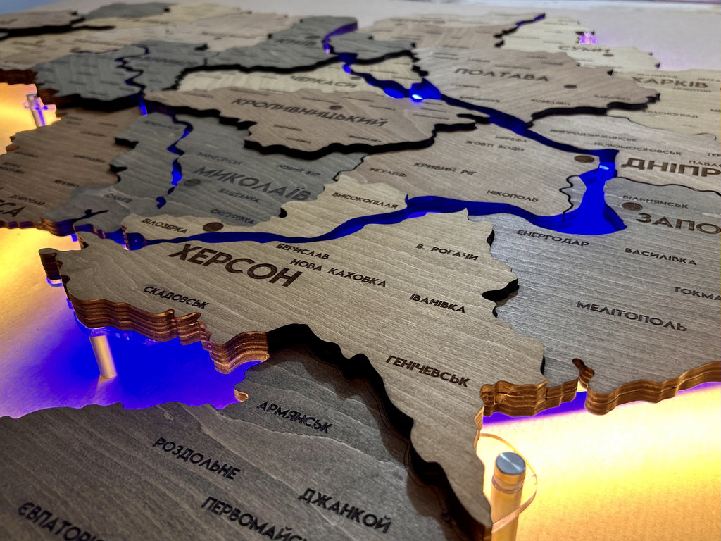 Multilayer Ukraine LED map with backlighting of rivers color Helsinki