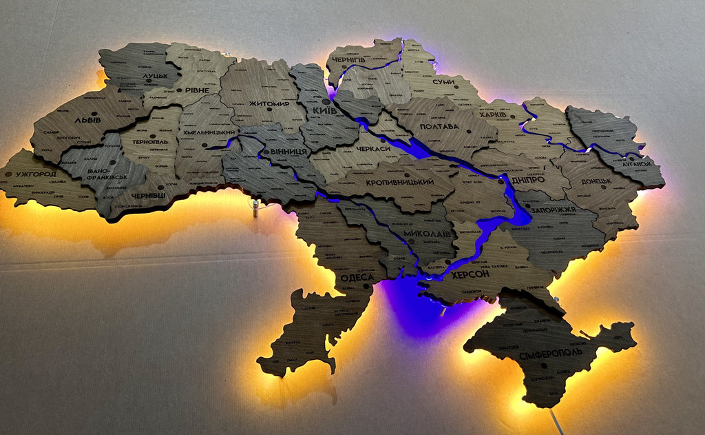Multilayer Ukraine LED map with backlighting of rivers color Helsinki