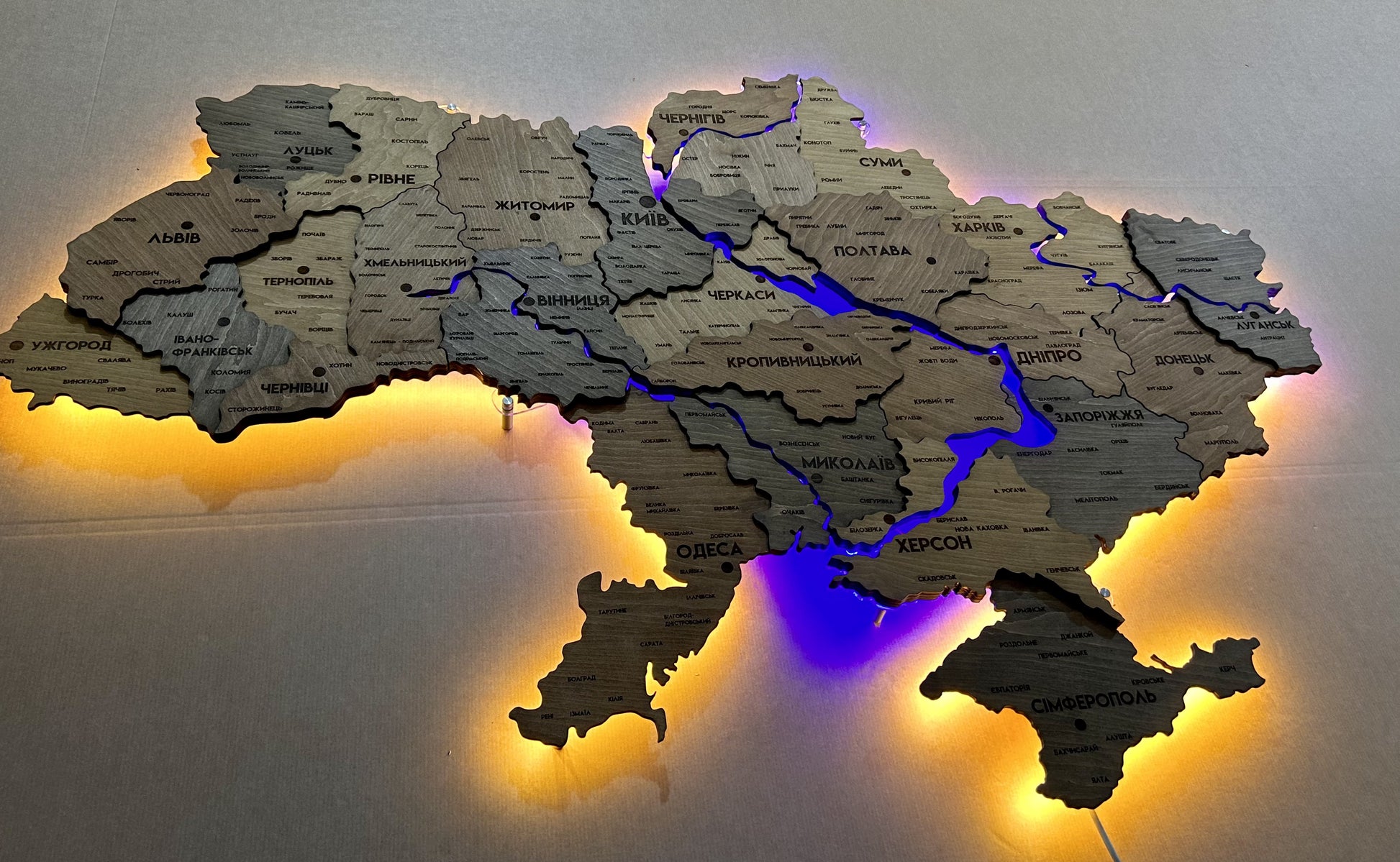 Multilayer Ukraine LED map with backlighting of rivers color Helsinki