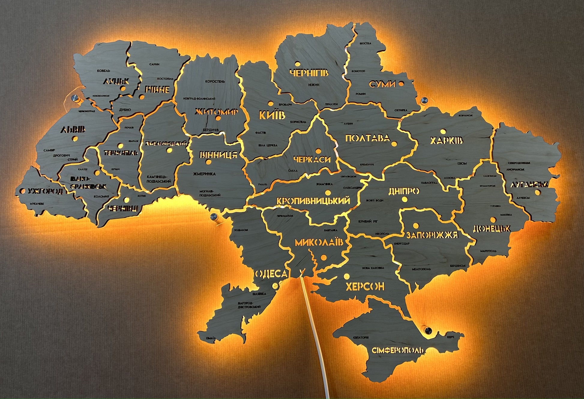 Ukraine LED map on acrylic glass with backlighting  between regions color Natural
