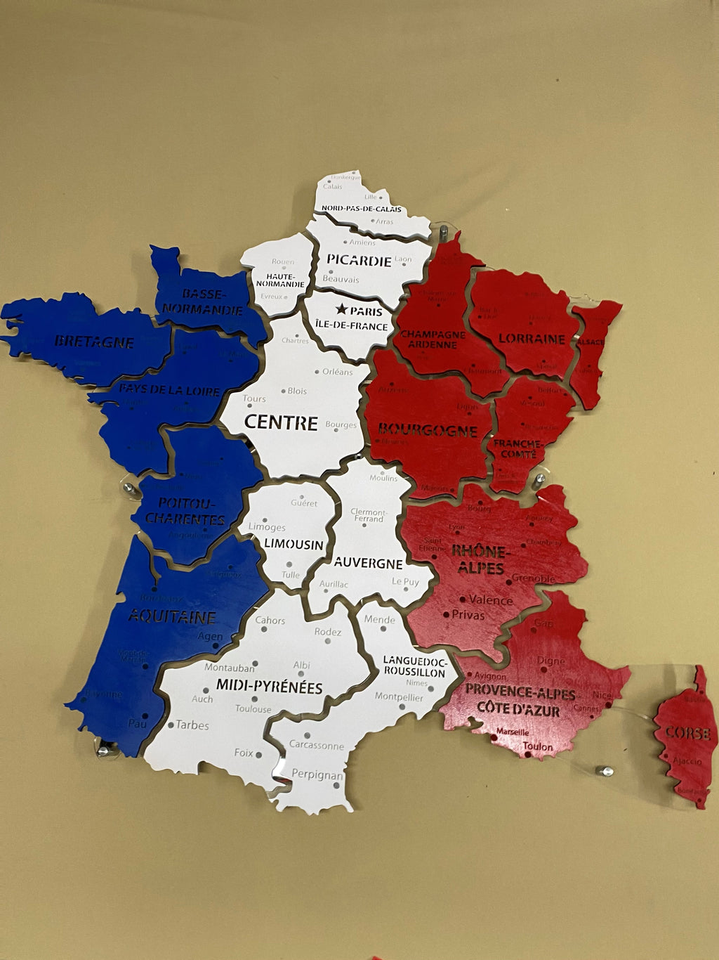 France LED map on acrylic glass with backlighting between regions color Flag