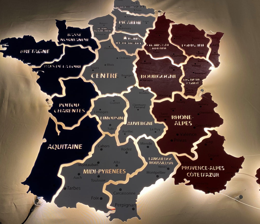 France LED map on acrylic glass with backlighting between regions color Flag